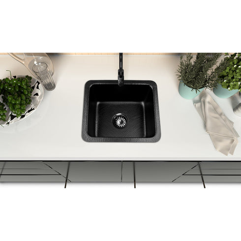 Hand Hammered 17 inch Highball Single Bowl Square Kitchen Sink - Matte Black